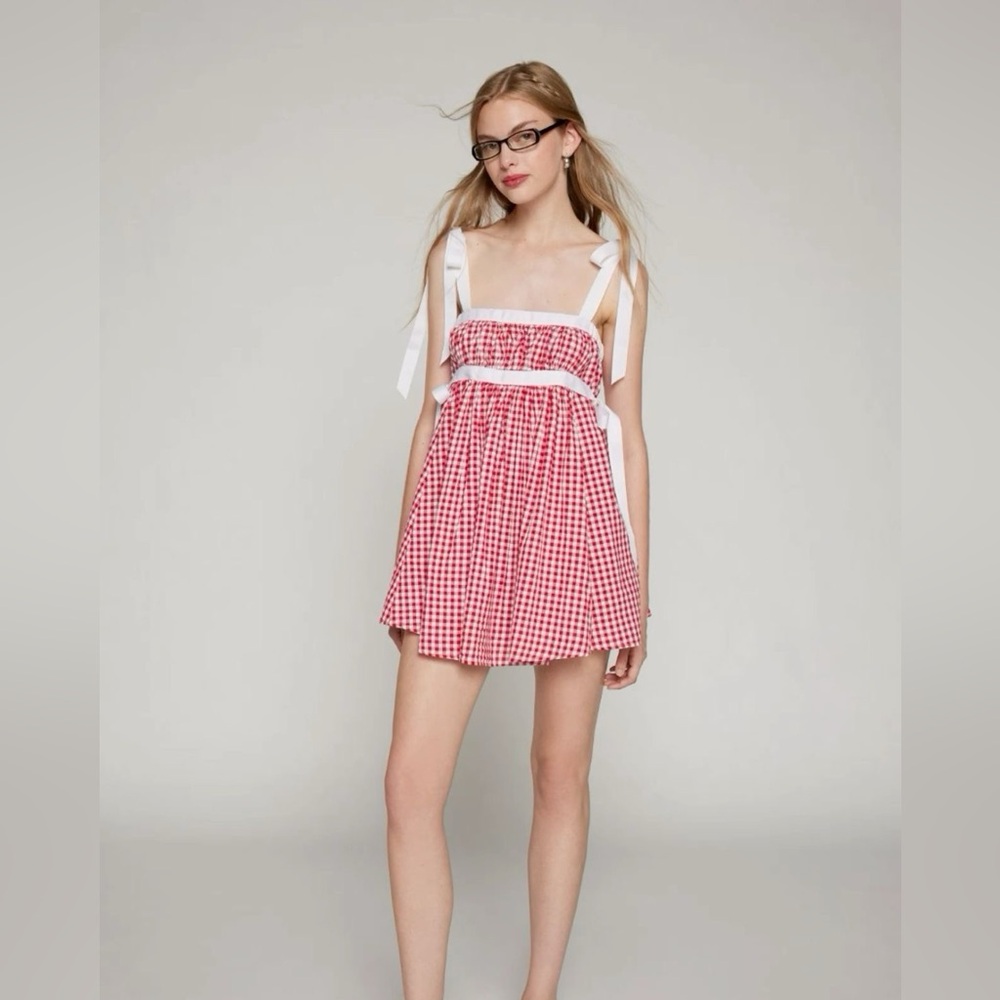 Urban Outfitters Kimchi Red Georgie Gingham Babydoll Mini Dress